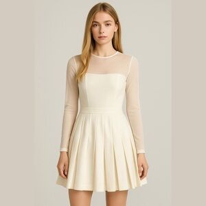 Alice + Olivia Chiara Mesh and Faux Leather Pleated Mini Dress, Ecru
